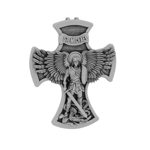 3D model of St. Michael the Archangel in armor, holding a sword, standing on a dragon, on a cross with wings, with 'ST. MICHA