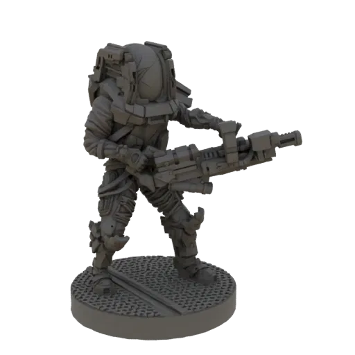 3D-Modell eines Sci-Fi Schwerer Waffen-Soldaten in neutraler Pose, hält eine große futuristische Waffe, mit detaillierter Rüs