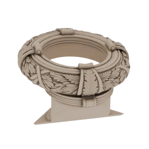 3D model of a classical laurel wreath ornament with detailed leaves and ribbons, set against a black background.