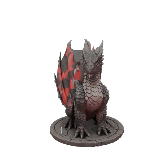 3D model render of a fearsome dragon with detailed scales and striking crimson patterned wings, standing on a circular base.