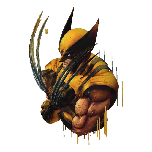 3D model render of Wolverine in his yellow suit, arms crossed, with adamantium claws extended.