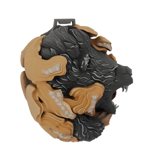 3D model of a ferocious bear head with layered tan elements and crystalline details, viewed from the side.