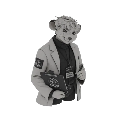 3D model of an anthropomorphic mouse wearing an SCP Foundation lab coat and holding a clipboard.
