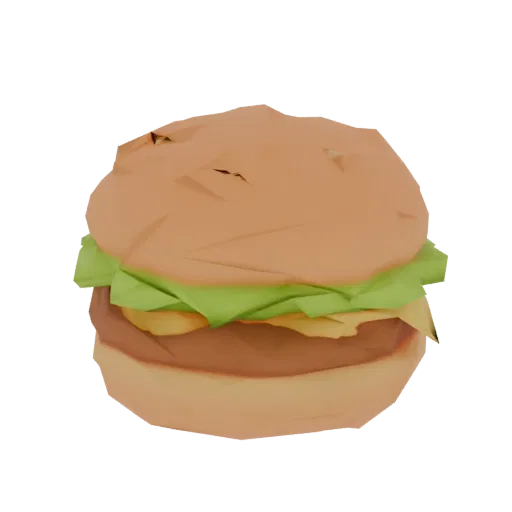 Minimalist 3D burger model with simple graphics, showing bun, patty, lettuce, and cheese.