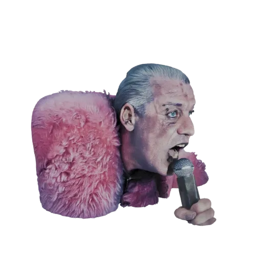 3D model of a glam rock singer with blue-tinted eyes, theatrical makeup, a fluffy pink fur collar, and holding a microphone.