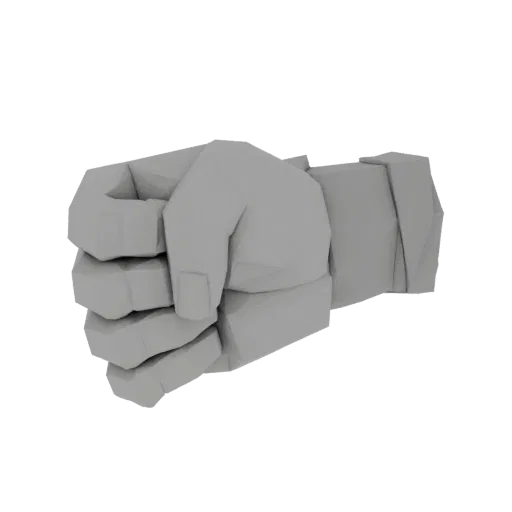 Ein 3D-Render einer stilisierten, Low-Poly-Faust in neutral grauem Material, präsentiert vor weißem Hintergrund.
