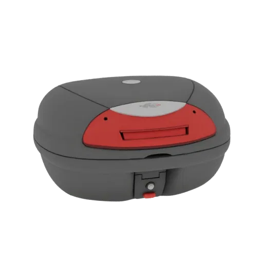 3D model of a dark grey motorcycle top box with a red accent panel and silver logo, shown against a black background.