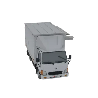 Una renderización 3D de un camión furgón blanco con su toldo lateral extendido, vista desde una perspectiva frontal-derecha e