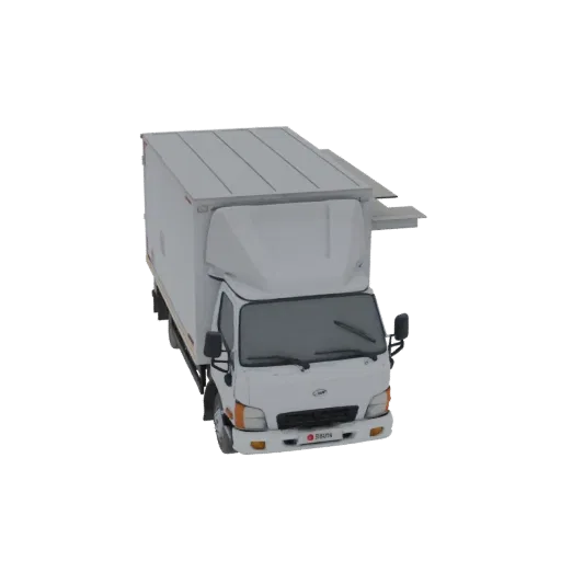 Una renderización 3D de un camión furgón blanco con su toldo lateral extendido, vista desde una perspectiva frontal-derecha e