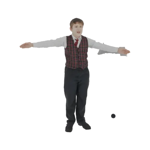 Modelo 3D de un niño con camisa blanca, chaleco a cuadros y corbata roja, con los brazos extendidos hacia los lados.