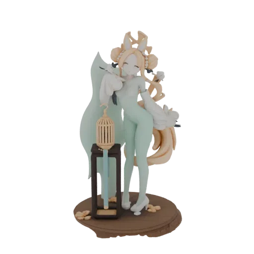 3D model of a Kitsune spirit with fox ears and multiple tails, holding a birdcage, on a textured base.