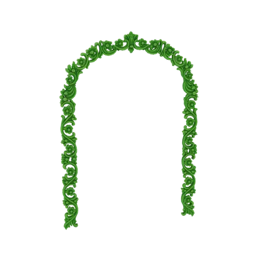 Un modèle 3D d'une arche verte ornée, décorée de motifs floraux et de feuilles complexes, sur fond blanc.