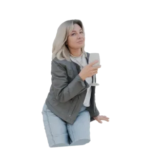 3D model of a woman with blonde hair, wearing a grey leather jacket and blue jeans, holding a white wine glass.