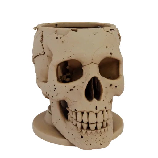 3D model of a realistic human skull planter with cracks and base, on a white background
