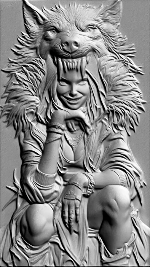 3D model of a bas-relief depicting a girl dressed in a wolf skin, with an expressive smile and detailed work.