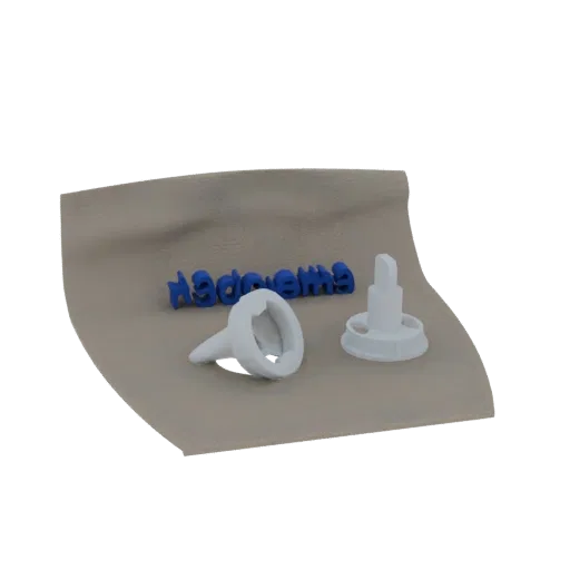 A 3D render of blue alphabet stamps, a white funnel, and a white cap on a textured surface.