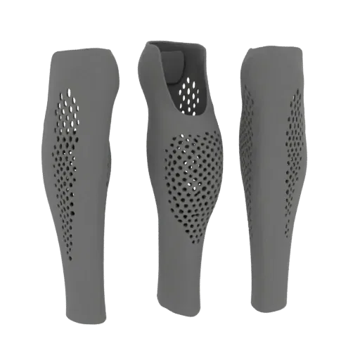 3D model render of a gray, perforated shin guard shown from three different angles against a white background.