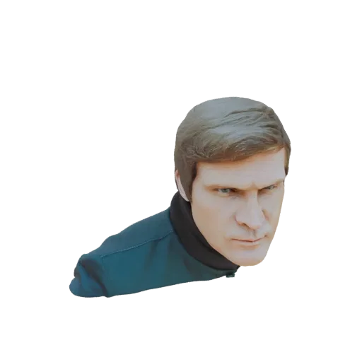 Render 3D di un busto di ufficiale sci-fi dal volto severo che indossa un'uniforme verde acqua con colletto scuro.