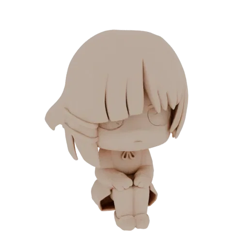 3D model of a sad chibi girl sitting with knees drawn up, rendered in a neutral clay material.