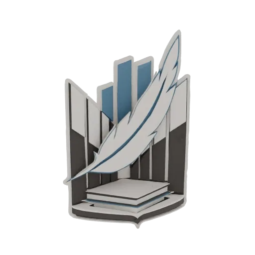 3D model of a stylized emblem featuring a white quill feather atop stacked books, with abstract vertical panels in the backgr