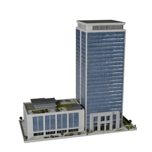 Office Tower realistic 3D model, three-quarter exterior view, showing commercial office building materials and architectural detail