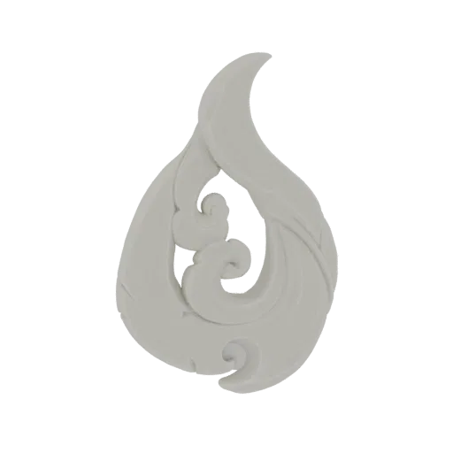 3D render of a white Maori Hei Matau fish hook pendant with detailed swirling carvings against a black background.