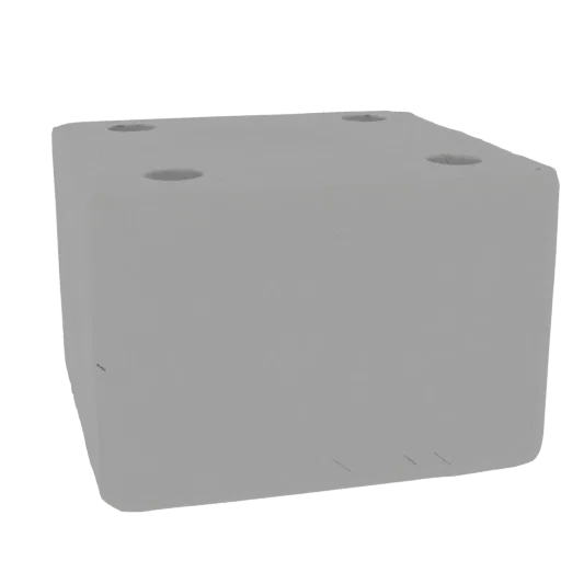3D model of a gray cube with four round holes on the top face, side view
