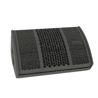 3D model of a gray stage monitor speaker with a hexagonal patterned grille, shown from a three-quarter front angle.