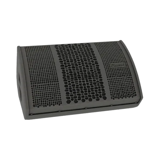 3D model of a gray stage monitor speaker with a hexagonal patterned grille, shown from a three-quarter front angle.