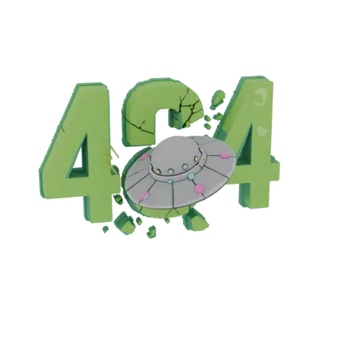 عرض ثلاثي الأبعاد لرسالة خطأ '404' خضراء متصدعة مع طبق طائر فضي يحوم في المنتصف، على خلفية بيضاء.