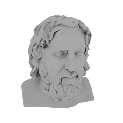 Render de modelo 3D de un busto gris de un filósofo griego antiguo con barba y cabello detallado, sobre un fondo blanco.