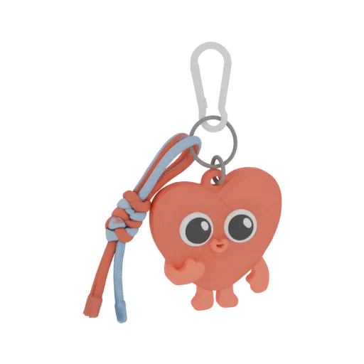 Modelo 3D de um personagem de coração fofo na cor coral com olhos grandes, pose brincalhona e um cordão trançado com um fecho