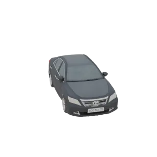Modello 3D di una berlina grigio scuro con targa visibile, mostrata da un'angolazione anteriore destra leggermente rialzata.
