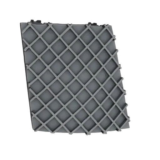 Modelo 3D de un panel gris con un patrón repetitivo de rejilla de diamante, visto desde un ángulo ligeramente elevado.