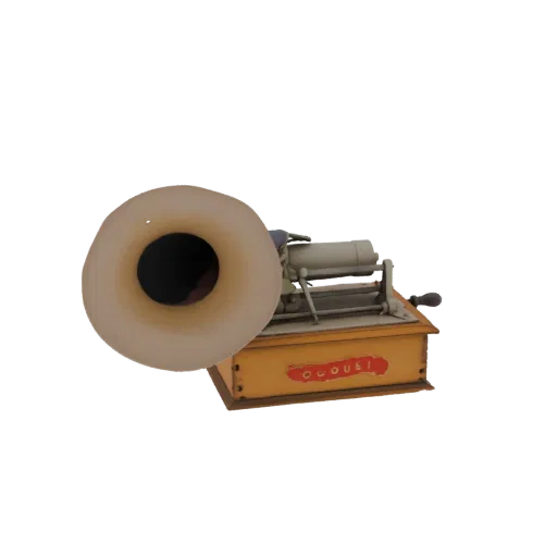 3D model of a vintage phonograph with a large, flared horn and a wooden base, featuring a retro aesthetic.