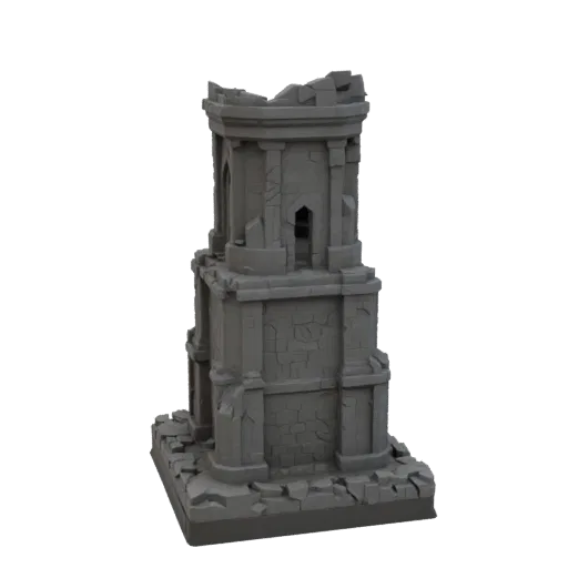 Ruined Tower Base Printable 3D model, isometric tabletop STL render, showing aged stone, built remnants.