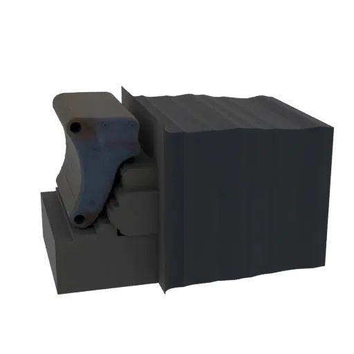 3D model of an industrial rubber seal with a dark, textured surface and a metallic bracket with visible bolts, set against a