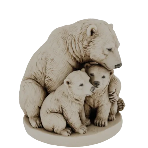 3D model of a mother polar bear hugging two cubs, rendered in a realistic, stone-like texture.
