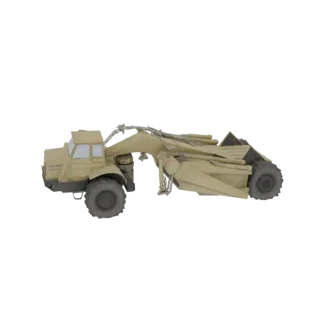 3D model of a tan-colored desert scraper vehicle with large tires and an articulated arm, set against a white background.