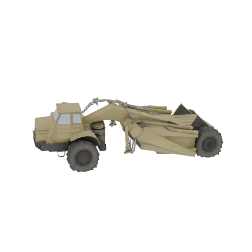 Modèle 3D d'un véhicule racleur désertique de couleur beige avec de grands pneus et un bras articulé, sur fond blanc.