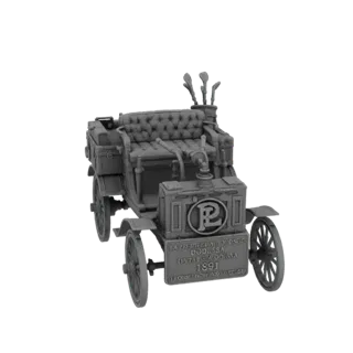 3D model of a vintage 1891 automobile with luggage racks and golf clubs, rendered in gray.