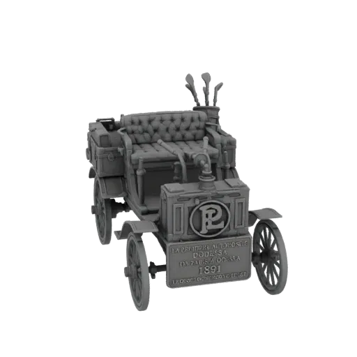 3D model of a vintage 1891 automobile with luggage racks and golf clubs, rendered in gray.
