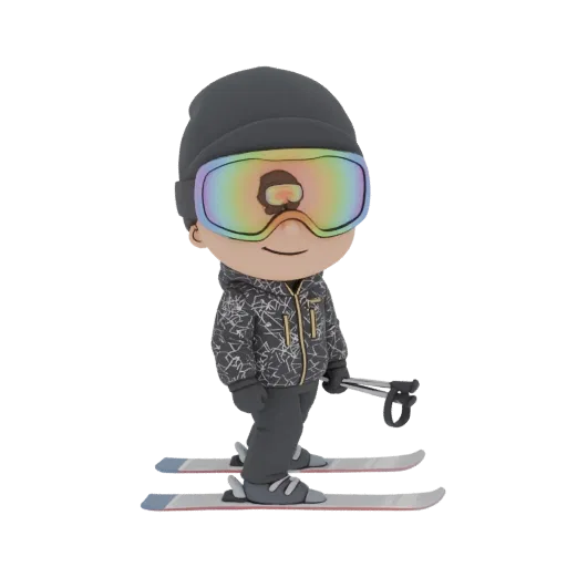 3D model of a cute chibi skier wearing a beanie, colorful goggles, and ski gear, standing on skis with poles.
