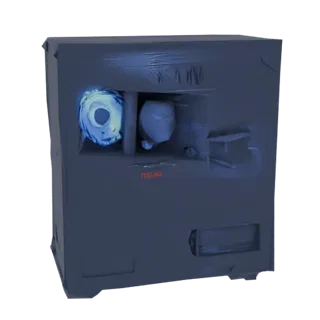 Modello 3D di una tower PC grigio scuro futuristica con una ventola RGB luminosa visibile attraverso un pannello laterale.