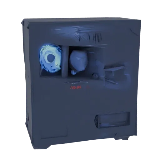 Modèle 3D d'une tour PC futuriste gris foncé avec un ventilateur RGB bleu lumineux visible à travers un panneau latéral.