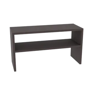 Un rendu 3D d'une étagère sombre et moderne à deux niveaux avec deux étagères ouvertes, présenté sur un fond blanc.