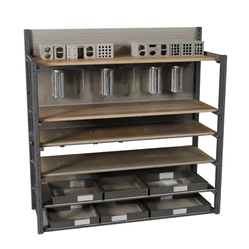 Garage Parts Rack Modular 3D model, isometric modular kit view, showing steel frames, stable fixtures.