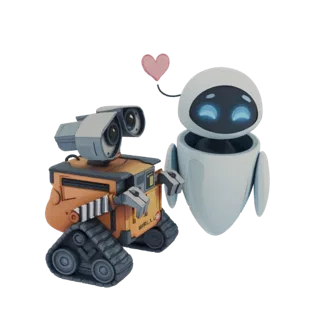 3D-Modell von WALL-E und EVE Robotern aus dem Animationsfilm, eng beieinander stehend mit einem rosa Herz, das über ihnen sch