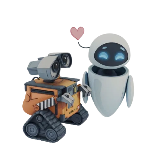 Modèle 3D des robots WALL-E et EVE du film d'animation, proches l'un de l'autre avec un cœur rose flottant au-dessus.