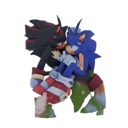 3D model of Sonic the Hedgehog and Shadow the Hedgehog in a close embrace, rendered with vibrant colors and dynamic posing.